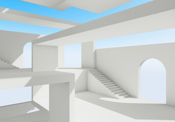 Abstract white blank interior background with stairways, 3 d