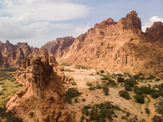 Aerial views of Wadi Al Disah valley in Tabuk region of Saudi Arabia