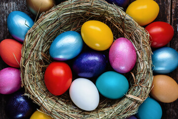  multi colors painted easter eggs in decor nest. Happy Easter holiday card