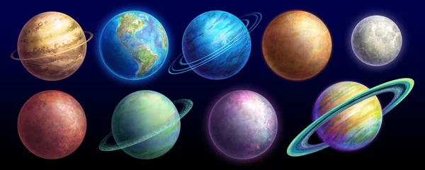 Foto op Canvas watercolor illustration, planetarium clip art, space collection. Set of solar system planets isolated on black background © wacomka