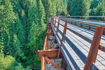 View of restored historic railroad bridge Kinsol Trestle (Koksilah River Trestle) made of wooden boards - Vancouver Island.