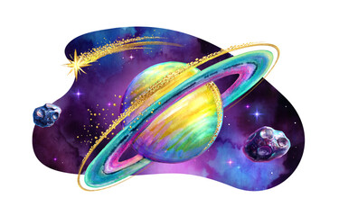 watercolor illustration. Curvy shape cosmic sticker with colorful Saturn planet, golden comet and asteroids. Space clip art isolated on white background