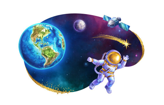 watercolor illustration. Curvy shape cosmic sticker with Earth planet, moon, spaceman, golden comet and satellite. Space clip art isolated on white background