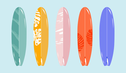 Standing surfboard set, tropical design.Variety of isolated hand-drawn vector surfing boards. Summer time. Summer sports and activities conceptual cartoon illustration. Trendy design for web and print - obrazy, fototapety, plakaty