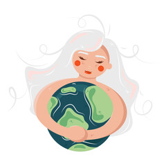 Girl hugs planet Earth with love and care. The concept of environmental protection, love, nature care and keeping healthy. Vector eco illustration of Happy Earth day and saving planet. Save our planet