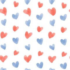 Watercolor painted heart pattern. Seamless vector illustration. 
