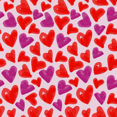 Watercolor painted heart pattern. Seamless vector illustration. 