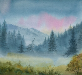 Watercolor landscape with mountains and fir trees in the fog. Drawing on paper with watercolors. Background colorful, abstract illustration of mountains and trees.