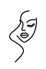 girl face minimalism logo. woman face thin line drawing. beauty salon icon. hair curls, lips
