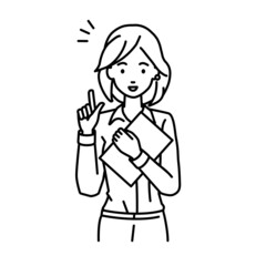 立って書類を手に持って何かひらめいたブラウスの女性