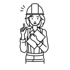 立って書類を手に持って何かひらめいた工事現場の女性