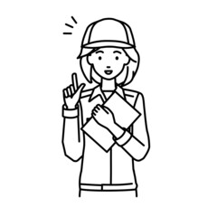 立って書類を手に持って何かひらめいた作業員の女性