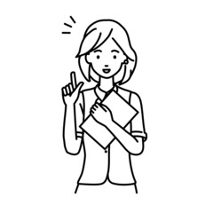 立って書類を手に持って何かひらめいた事務員制服の女性