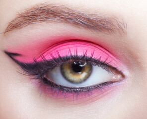 Naklejka premium Closeup macro shot of human female eye with pink eyes shadows