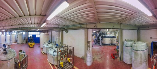 Panoramic view of pipelines in a water purification plant, industrial concept.