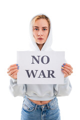 A young woman holds a no war poster on a white background