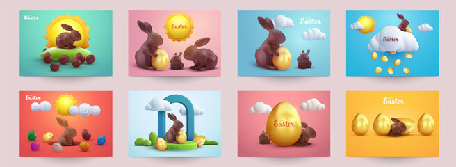 Happy easter set background for greeting card, banner, poster, cover, flyer. Collection festive design template in cute cartoon 3d style. Vector illustration.