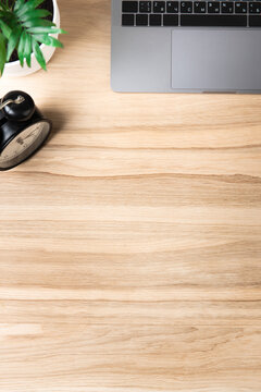 part of a desktop with a laptop, an alarm clock and a houseplant on an oak wooden background general view. Workspace on an oak table. top view. Flatley. Vertical