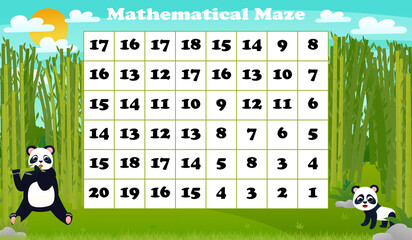 Math maze game for children with cute animal panda eating bamboo in forest printable worksheet for kids