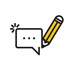 Feedback message icon concept. Speech bubble and pen symbol on white background. Writing message chat logo.