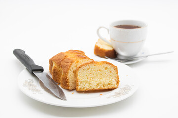 Homemade freshly baked pound cake with tea
