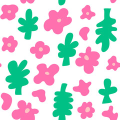 Geometric organic flower shapes. Floral seamless pattern with doodle objects. Pink abstract flowers with green leaves. Cutout freehand style. Vector background for fashion, textile, scrapbooking etc.