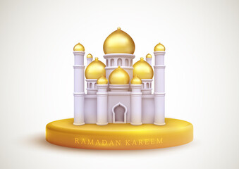 Ramadan kareem design composition with beautiful mosque on golden pedestal. Cartoon 3d realistic traditional islamic holiday concept. Template for banner, card, cover. Vector illustration.