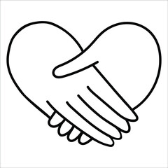 Handshake, heart-shaped hands, reconciliation, doodle-style drawing, joined palms, peace symbol, contour icon of people's friendship