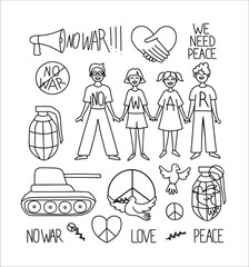 set of doodle drawings, no war, people want peace. Friendly people holding hands , peace symbol, dove, tank, weapon, protest contour hand drawn men, women, children, friends, peaceful association,