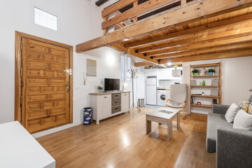 Living room with light wood coffee table, gray fabric upholstered sofa bed, matching madra sideboard and matching kitchen in vacation rental apartment