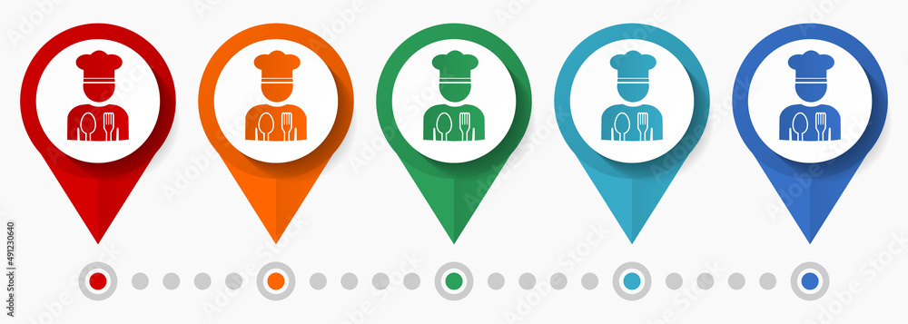 Aufkleber restaurant concept vector icon set, flat design chef pointers, infographic template easy to edit