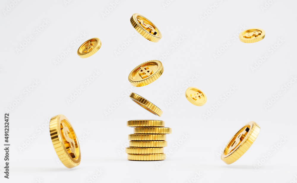 Poster isolation of us dollar golden coins stacking dropping and flying on white background for investment 