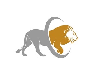 oval swoosh shape with walking lion inside