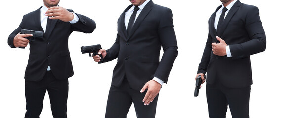 Collection of bodyguards in black suits holding pistols on white background.