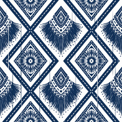Navy Indigo Blue Diamond on White background. Geometric ethnic oriental pattern traditional Design for ,carpet,wallpaper,clothing,wrapping,Batik,fabric, illustration embroidery style - 491233007
