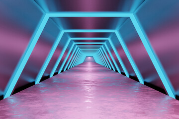 Corridor with blue and pink lighting, 3d rendering
