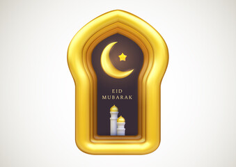 Ramadan kareem design composition with gold arabic window mosque tower and crescent. Cartoon 3d realistic traditional islamic holiday concept. Template for banner, card, cover. Vector illustration.