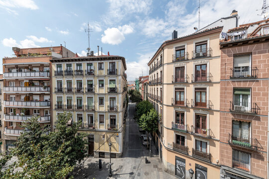 facades of vintage buildings in the lavapi&eacute;s neighborhood in Madrid, Spain