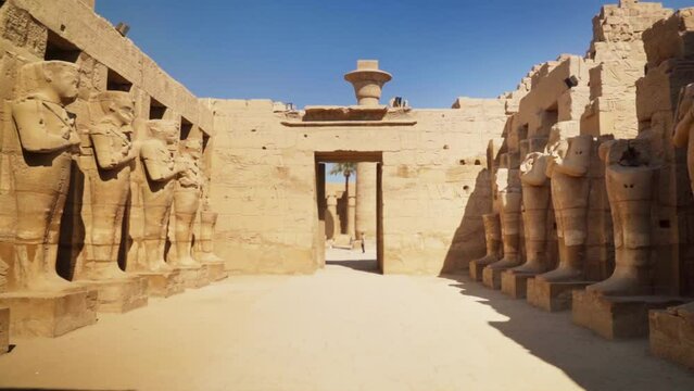 An entry way into the Kamak Temple with tall statues lining each side on a sunny day in Luxtor, Egypt. Static shot with a person in the distance to show the massive scale.