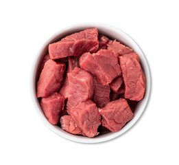 Chopped topside meat in a bowl isolated over white background