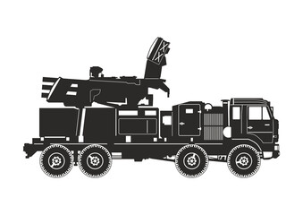 Naklejka premium Silhouette of modern self propelled medium range anti-aircraft artillery system. Side view. Flat vector.