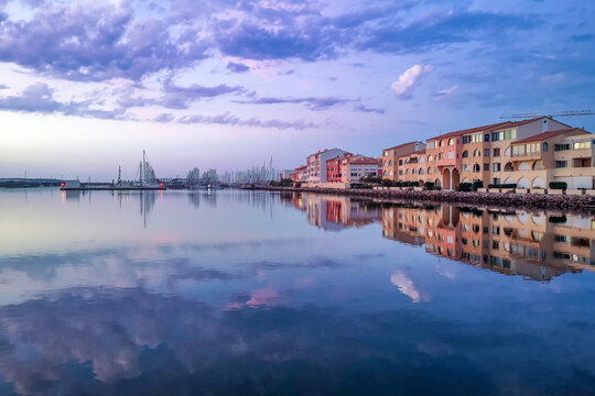 Ships and boats on a beautiful sunset taken in Port Leucate South of France a Mediterranean landscape