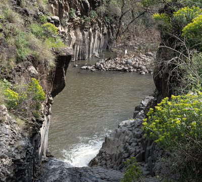 Top view of the Hexagon [Meshushim] Pool, a natural pool by Meshushim Stream in Yehudia Forest Nature Reserve, in central Golan Heights, Israel