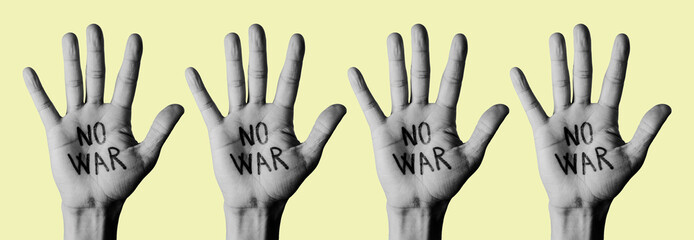 no war written in raised hands, web banner format