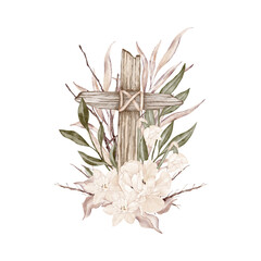 Obraz premium Wooden cross among flowers and leaves