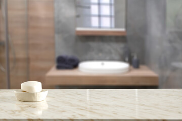 Desk of free space and bathroom interior 