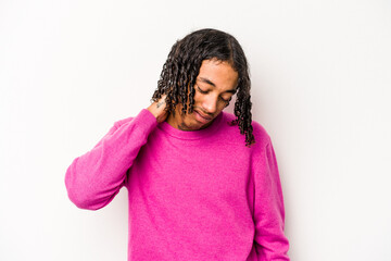 Young African American man isolated on white background suffering neck pain due to sedentary...