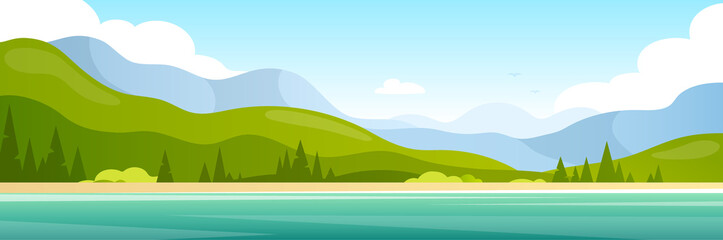 Landscape vacation panorama banner. Vector horizon illustration of rural spring summer travel landscape with river, forest, hills, mountains, road. Cartoon flat style. Nature reserve. Sunny day
