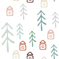 Seamless pattern in boho style. Vintage winter, Christmas elements, winter decorations and abstract elements. Design for textiles, cards, invitations, wrapping paper and boxes. Hand drawn elements