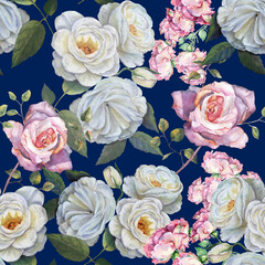 Watercolor bouquet of white roses with pink roses. Floral seamless pattern.